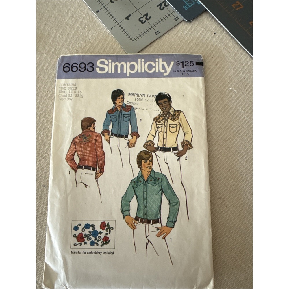 Vtg 70s Simplicity 6693‎ Button Front Shirt w Embroidered Yokes Sz 38 & 40 UNCUT
